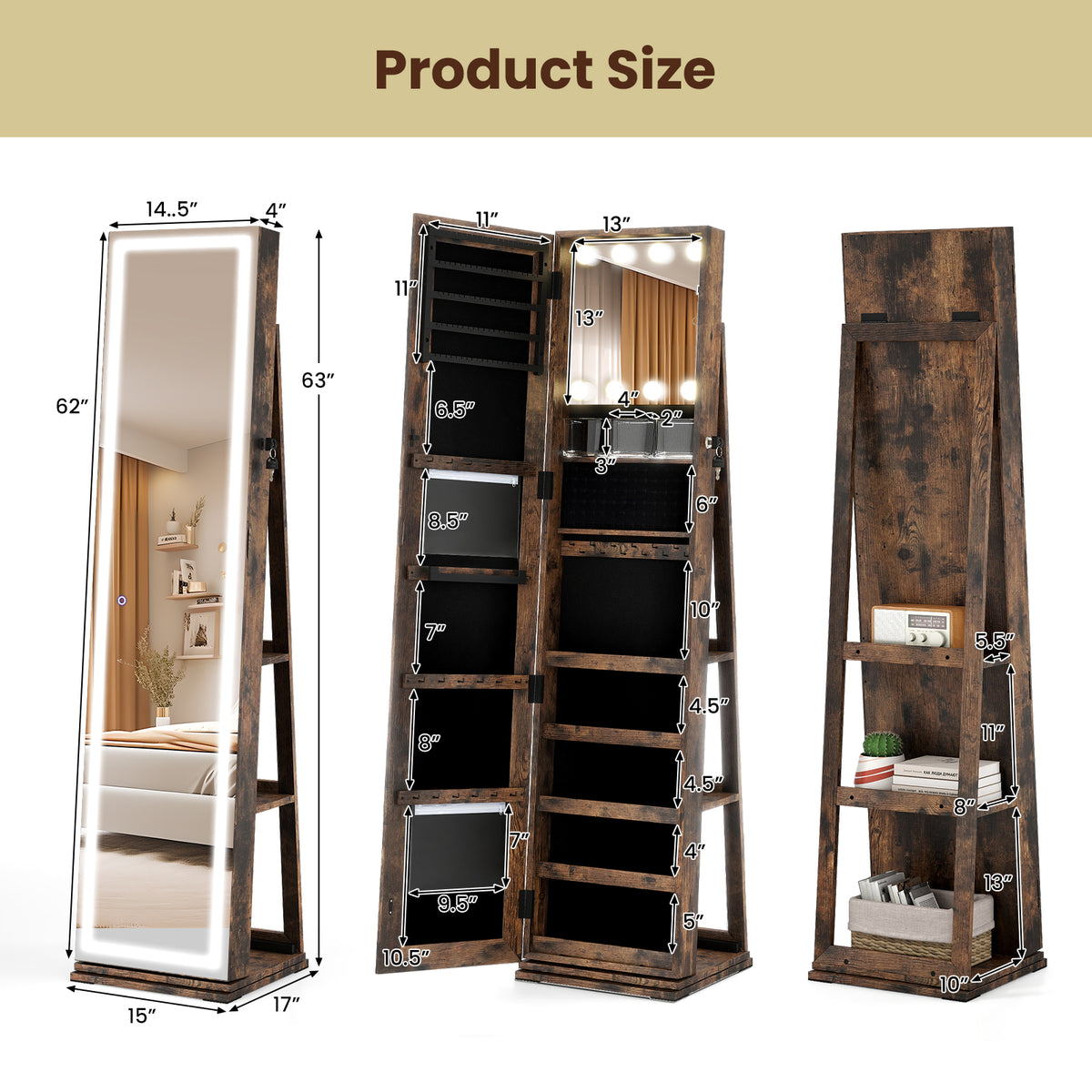360° Swivel Freestanding Jewelry Cabinet with Lighted Full Length Mirror-Rustic Brown