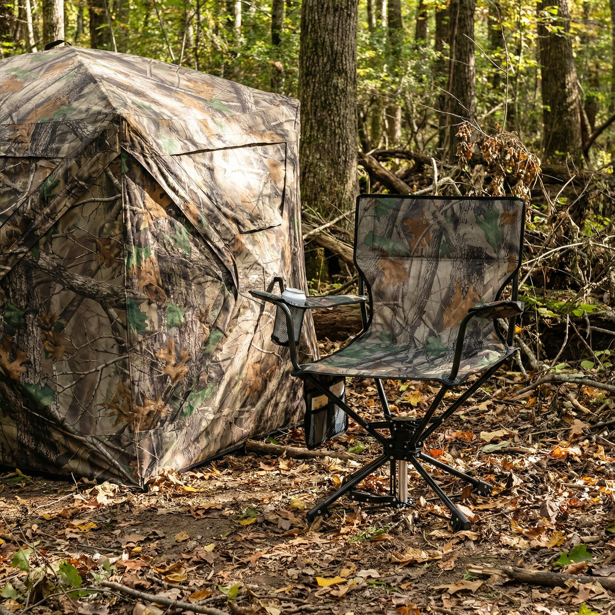 360 ° Swivel Hunting Chair Portable Foldable with Mesh Cup Holder and Storage Pockets-Green