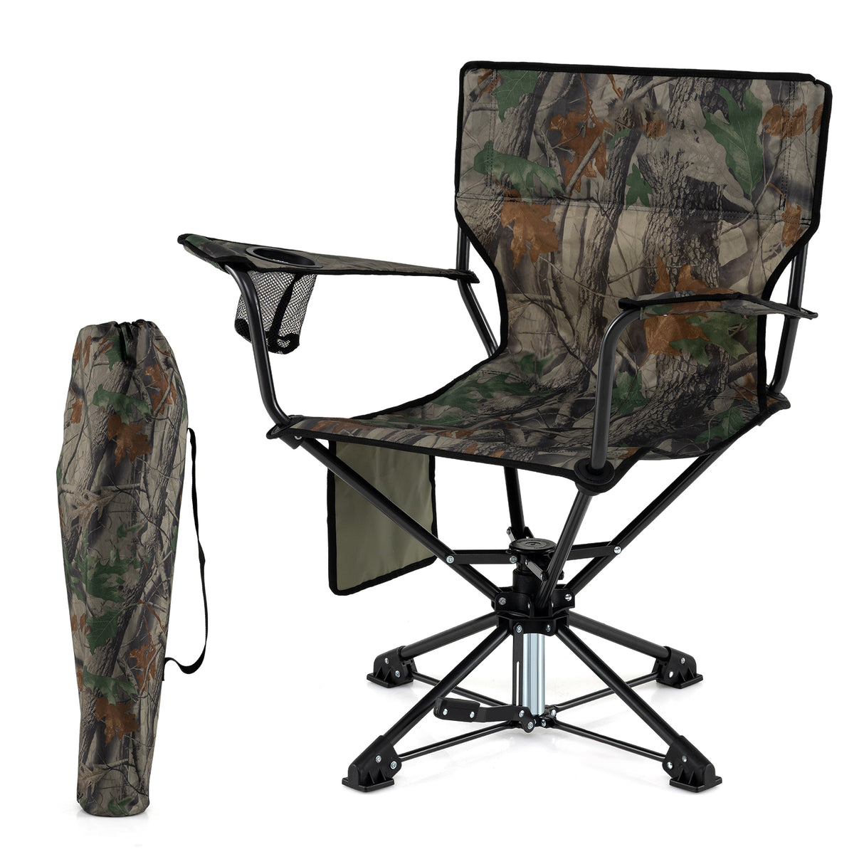 360 ° Swivel Hunting Chair Portable Foldable with Mesh Cup Holder and Storage Pockets-Green