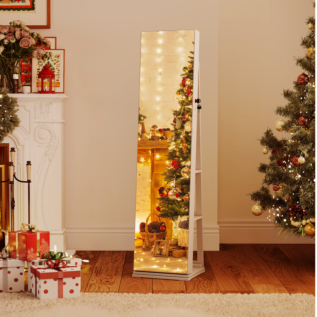 360° Swivel Jewelry Cabinet with Full Length Mirror-White