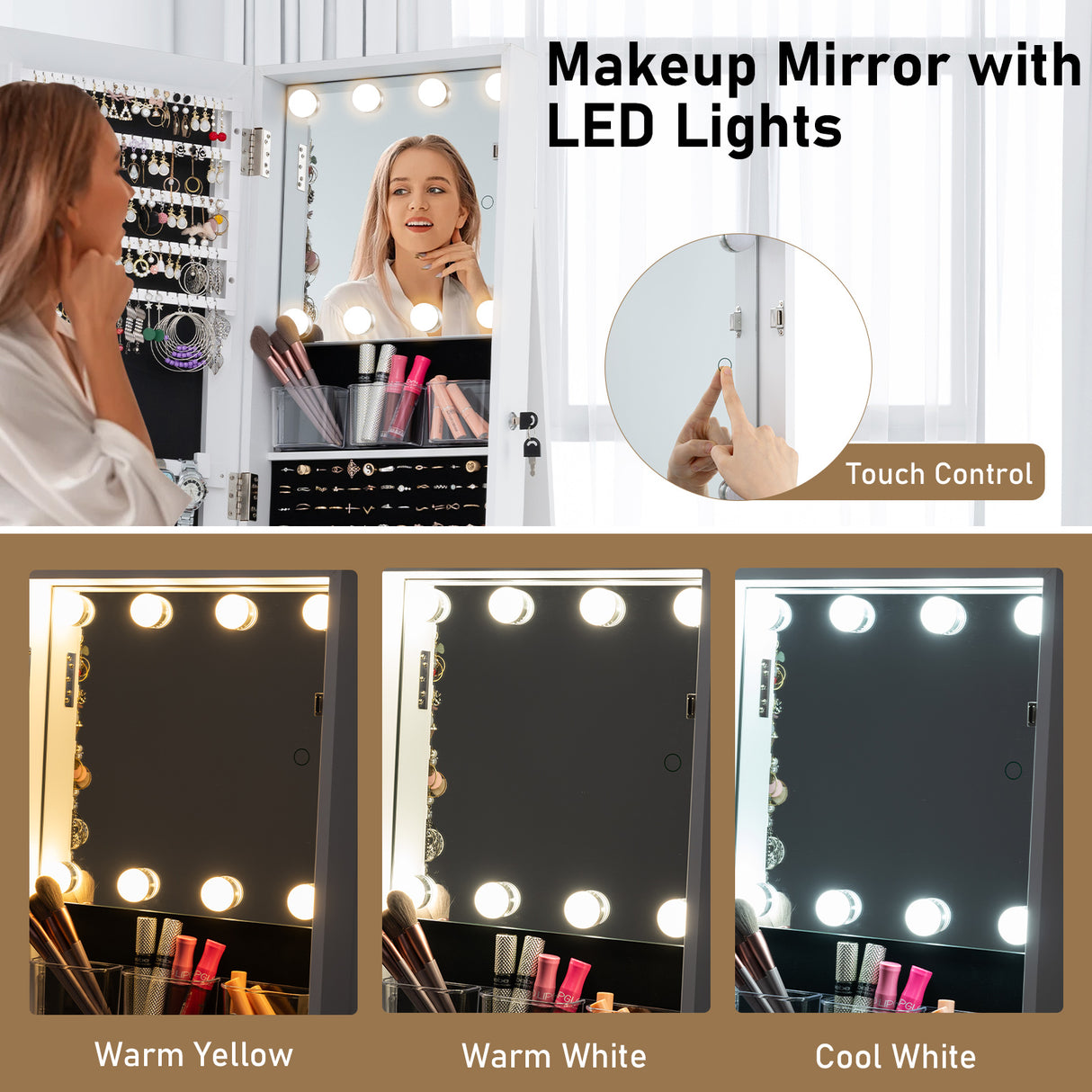 360° Swivel Jewelry Cabinet with Full Length Mirror-White