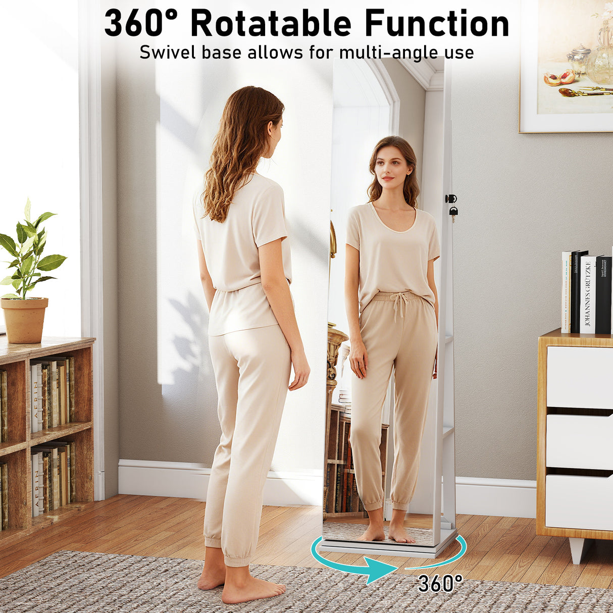 360° Swivel Jewelry Cabinet with Full Length Mirror-White
