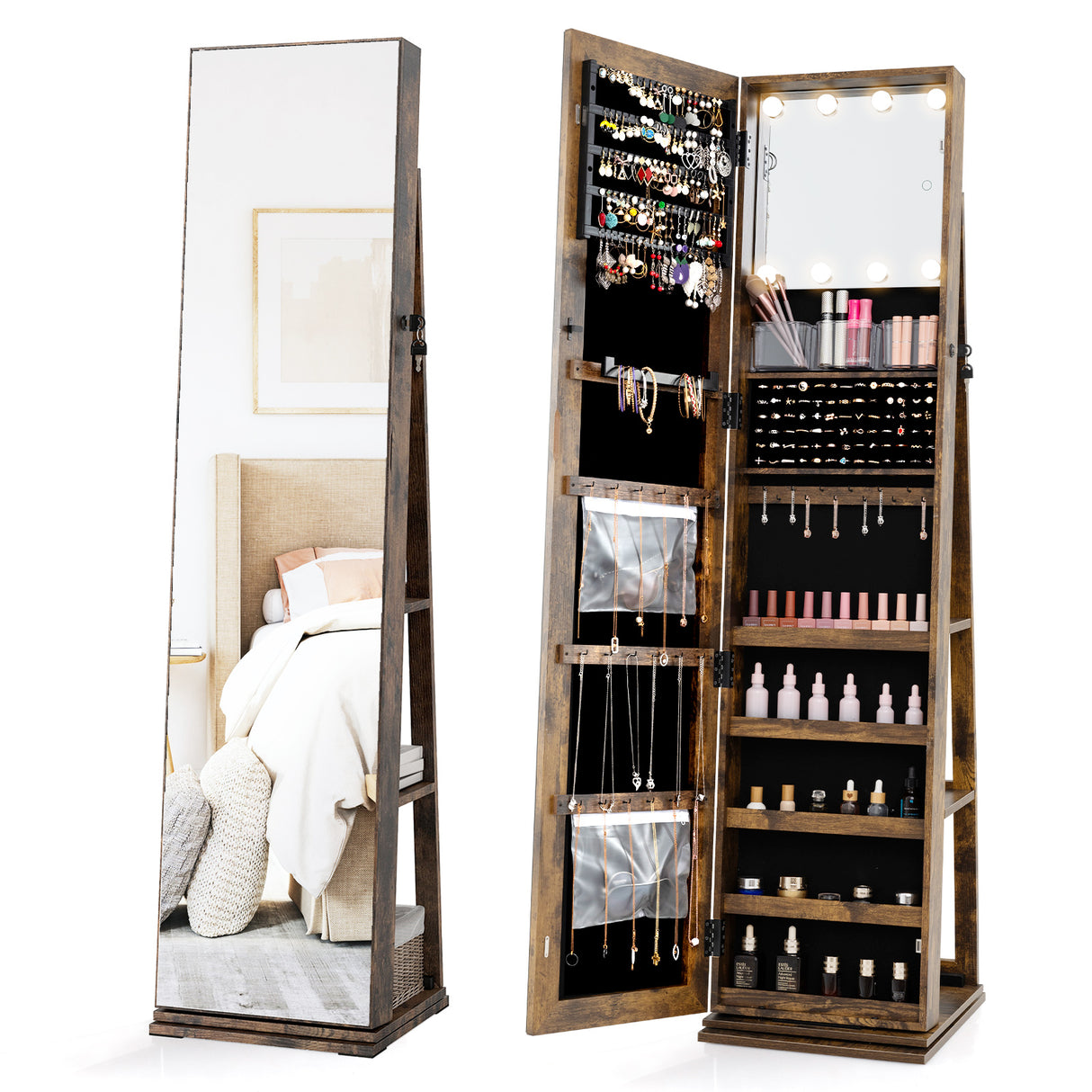 360 ° Swivel Jewelry Cabinet with Full Length Mirror-Rustic Brown