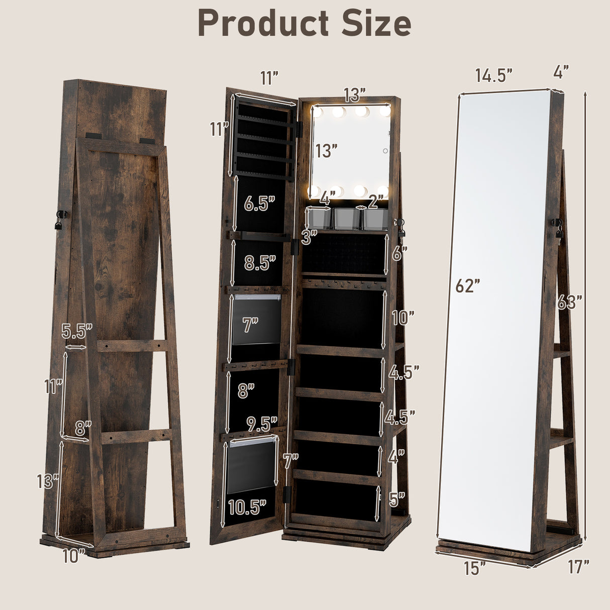 360° Swivel Jewelry Cabinet with Full Length Mirror-Rustic Brown