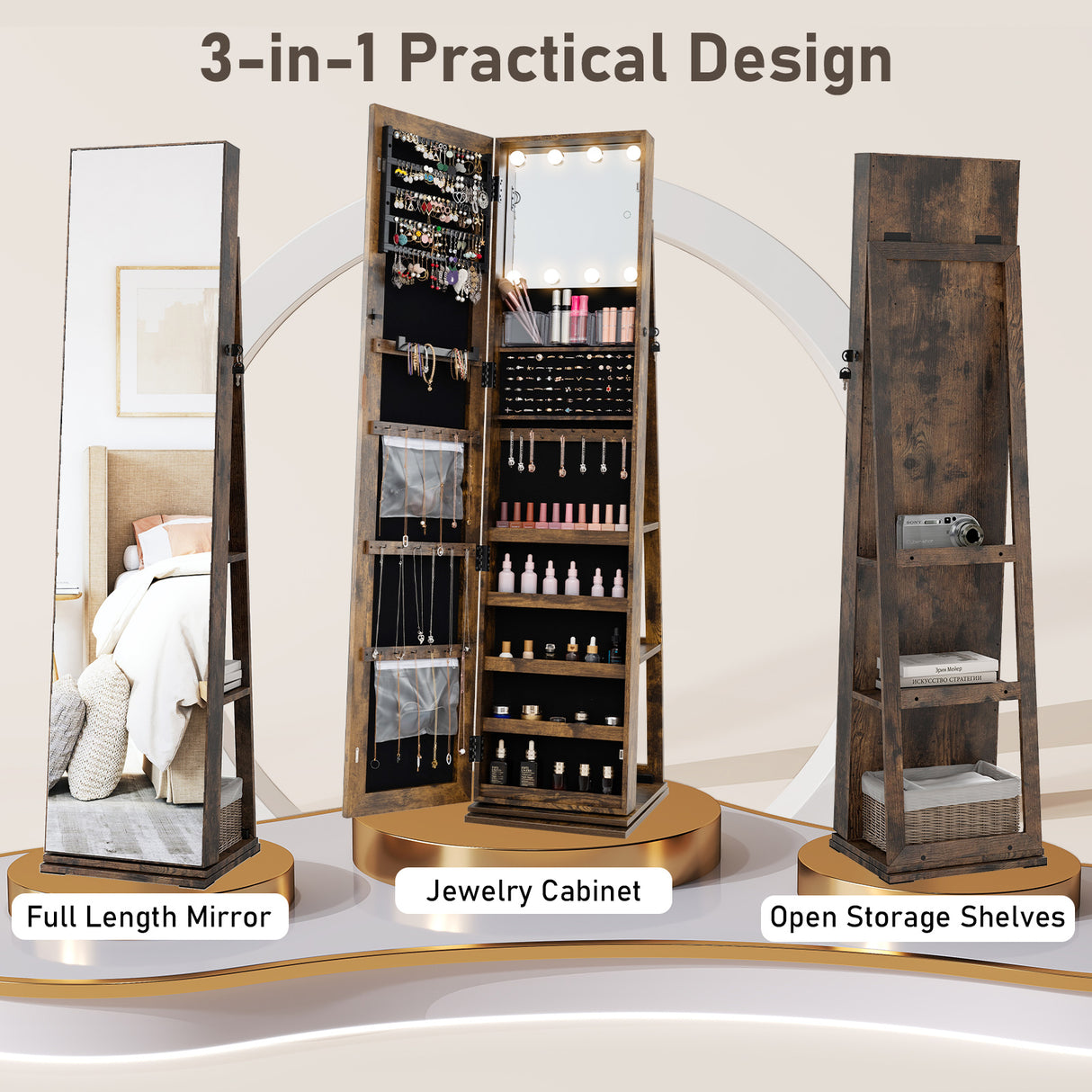 360 ° Swivel Jewelry Cabinet with Full Length Mirror-Rustic Brown