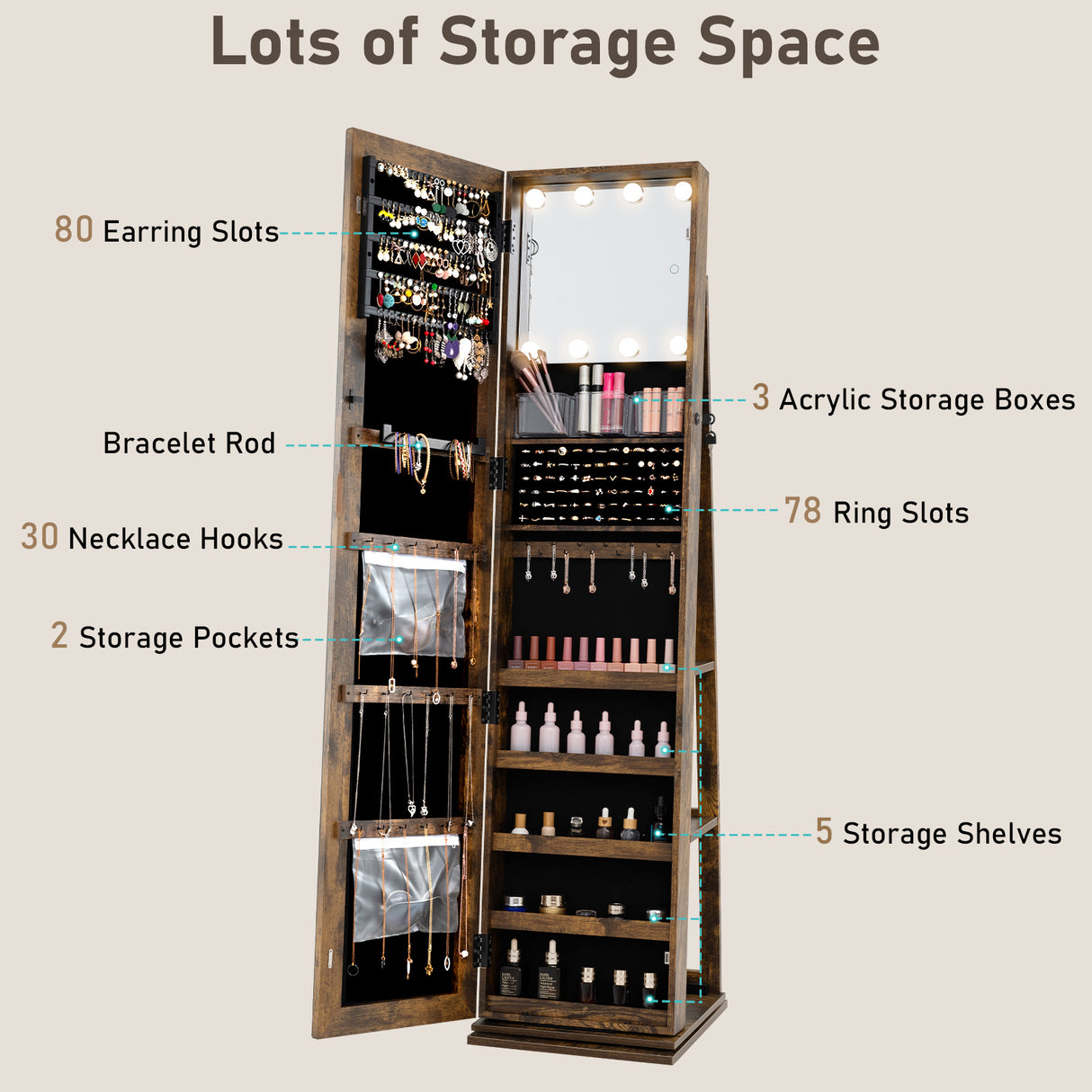 360° Swivel Jewelry Cabinet with Full Length Mirror-Rustic Brown