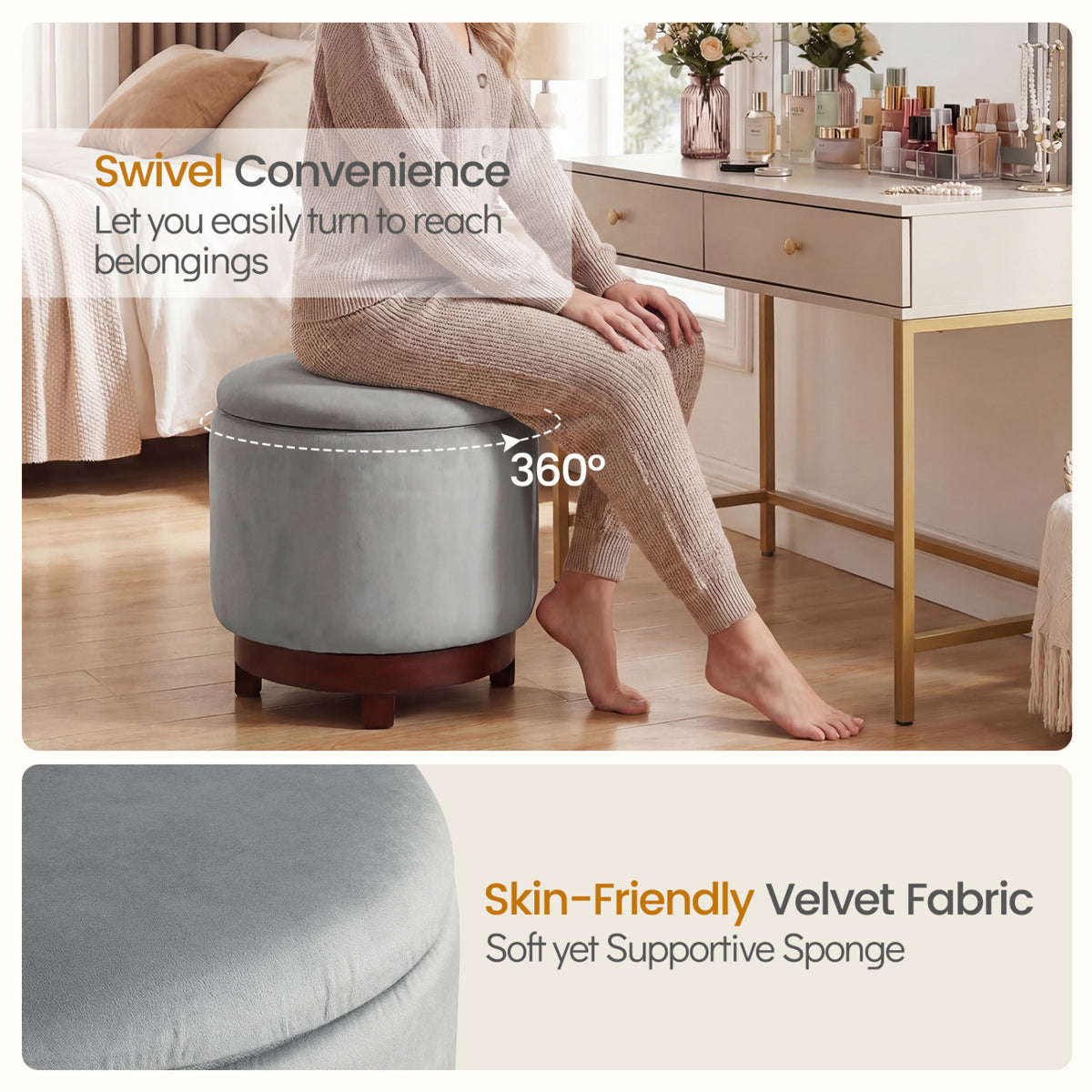 360° Swivel Velvet Foot Rest with Hidden Storage for Living Room-Gray