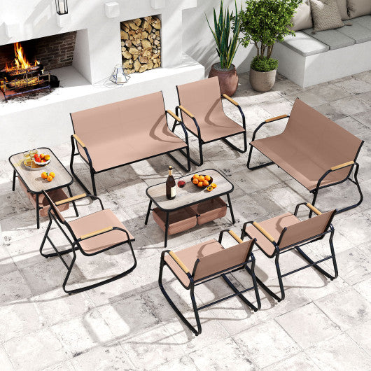 4 Pieces Patio Furniture Set with Rocking Bistro Chairs and Breathable Mesh Fabric-Coffee