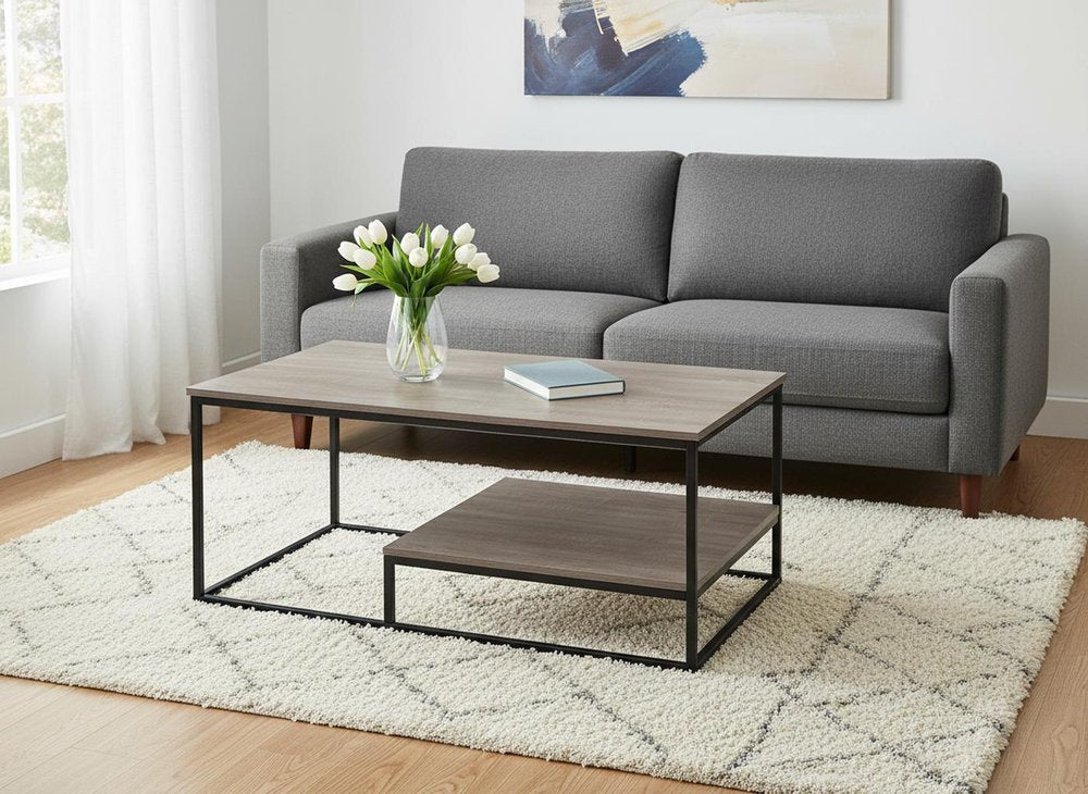 Set of Three 42" Taupe And Black Metal Coffee Table With Shelf