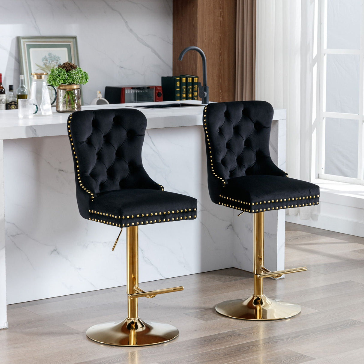 Thick Golden Swivel Velvet Barstools Adjusatble Seat Height From 25-33", Modern Upholstered Bar Stools With Backs Comfortable Tufted For Home Pub And Kitchen Island (Set of 2) by Couch.com