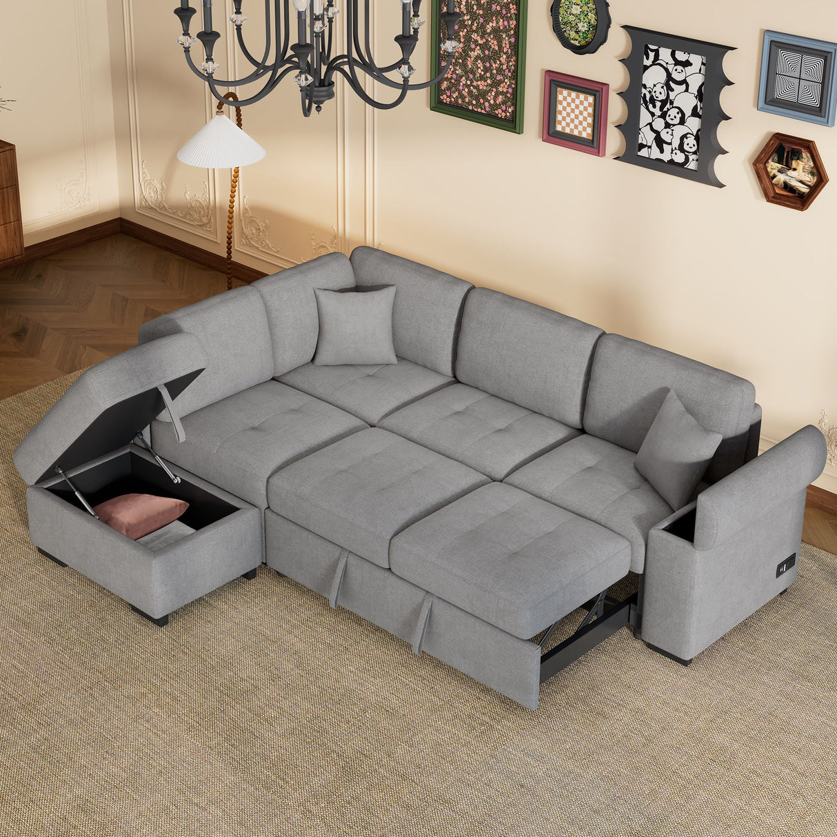 Sleeper Sectional Sofa, L-Shape Corner Couch Sofa Bed With Storage Ottoman & Hidden Arm Storage & USB Charge For Living Room Apartment by Couch.com