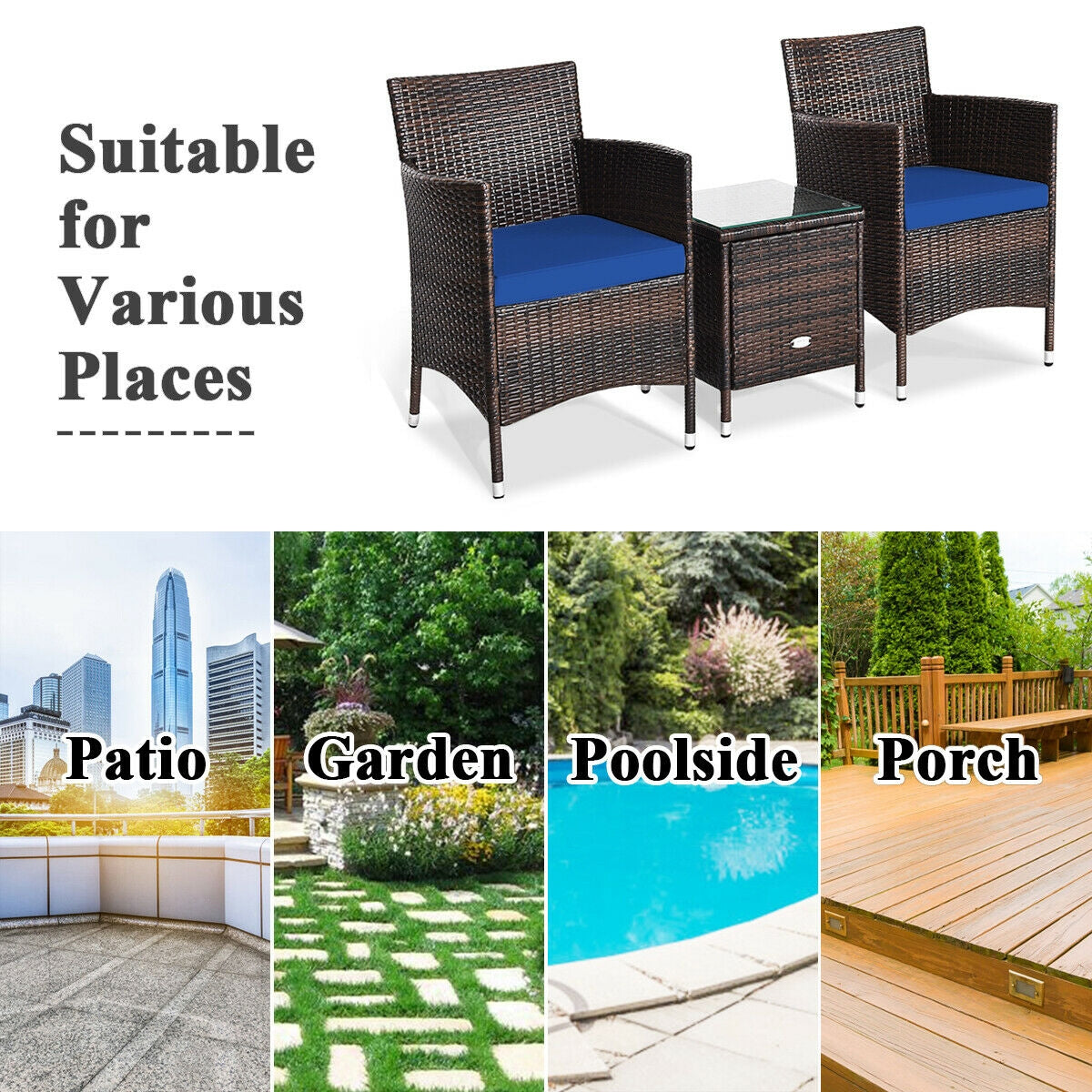 3 Pcs Outdoor Rattan Wicker Furniture Set-Blue