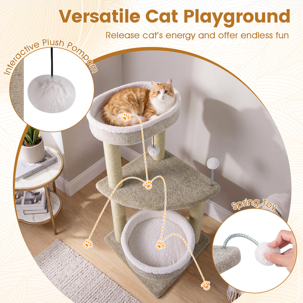 36" Carpeted Cat Tree with Plush Perches Scratching Posts and Dangling Ball