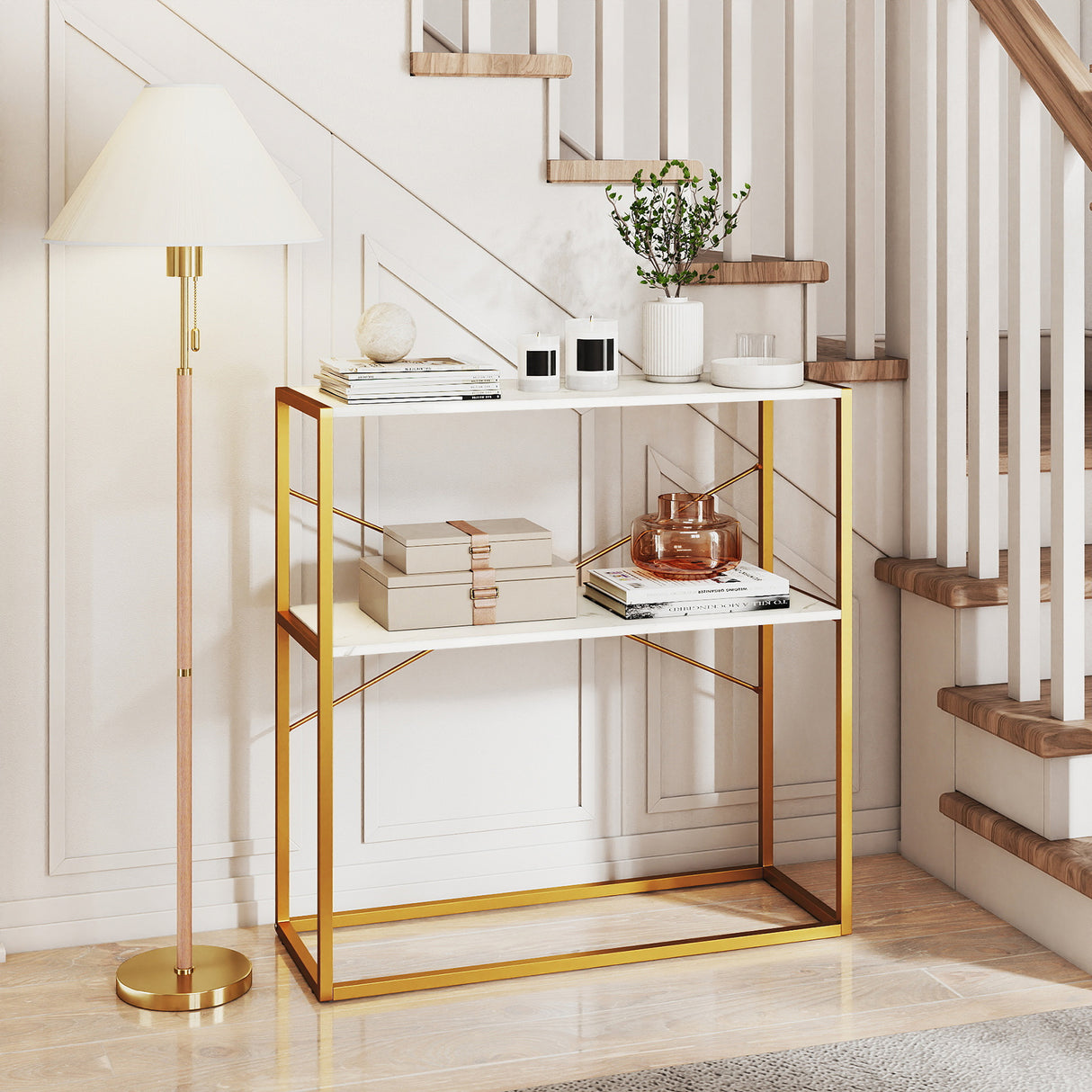 36" Console Table 2-Tier Entryway Table with Wooden Open Shelves and Metal Frame-White