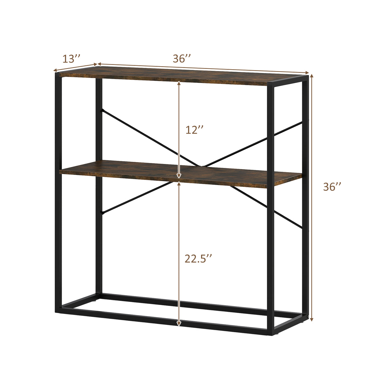 36" Console Table 2-Tier Entryway Table with Wooden Open Shelves and Metal Frame-Rustic Brown