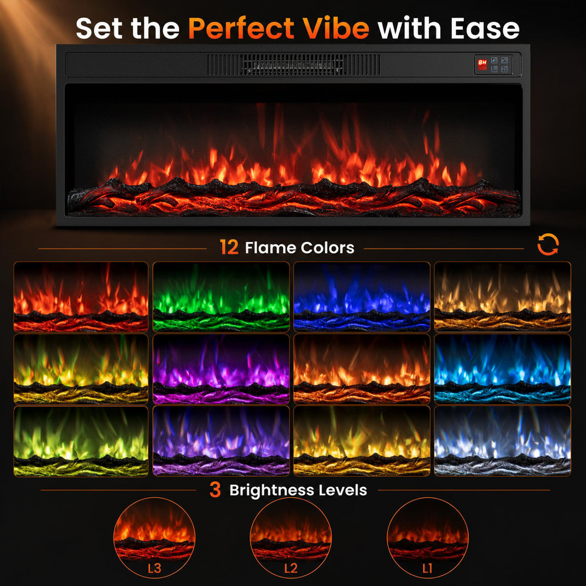 36 Inch Recessed Electric Fireplace Heater with Adjustable Flame Colors & Brightness