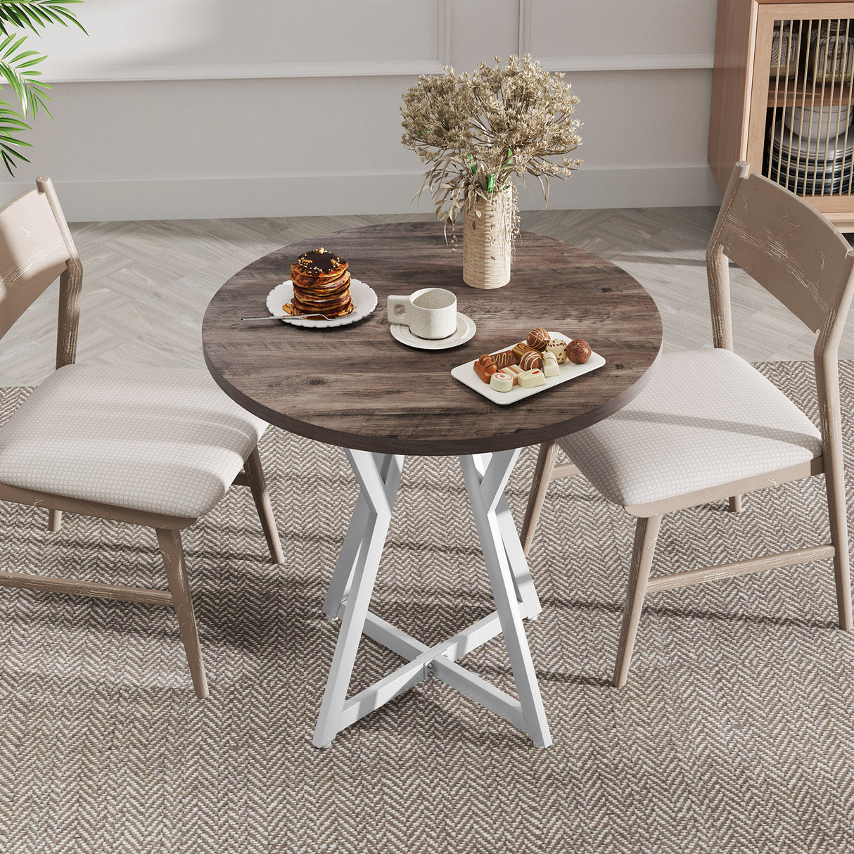 36 Inch Round Dining Table with Metal Pedestal Base-Natural