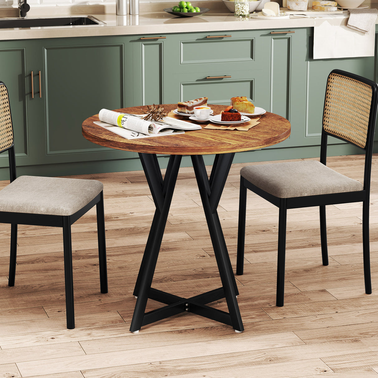 36 Inch Round Dining Table with Metal Pedestal Base-Rustic Brown