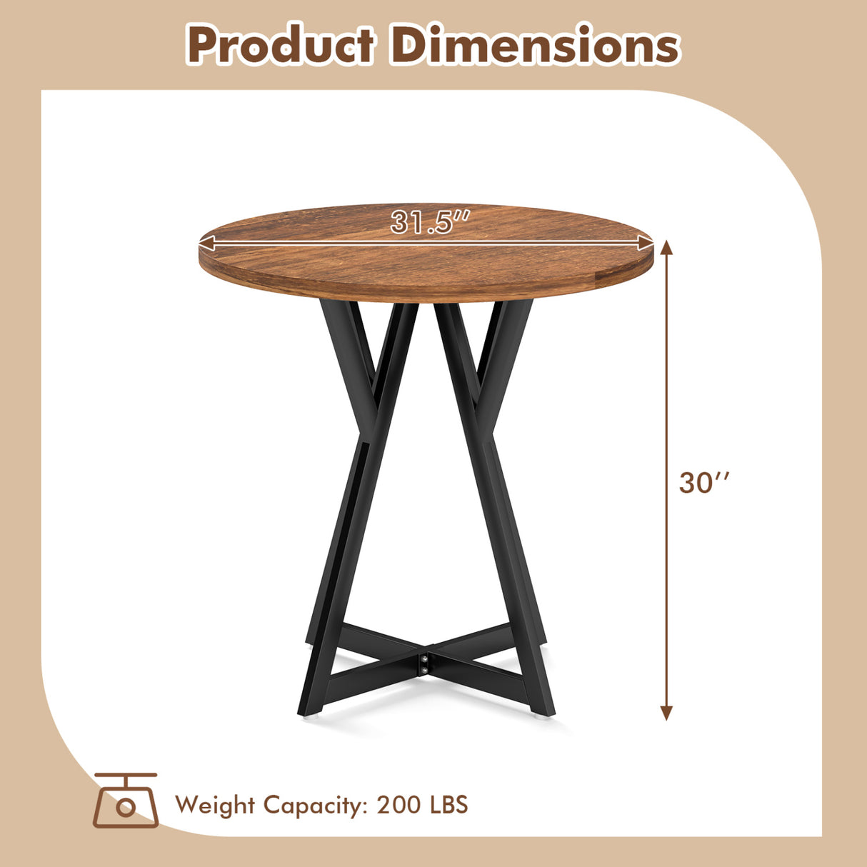 36 Inch Round Dining Table with Metal Pedestal Base-Rustic Brown