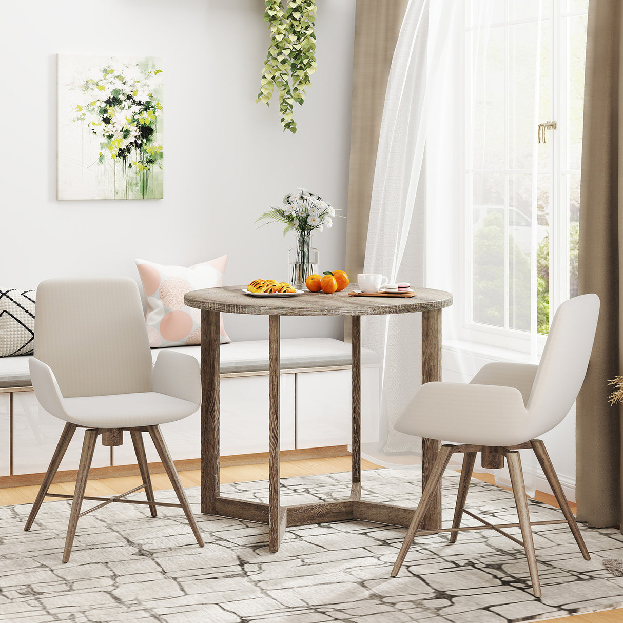 36 Inch Round Wood Dining Table for 2-4 People with Wing-shaped Pedestal Base-Grey