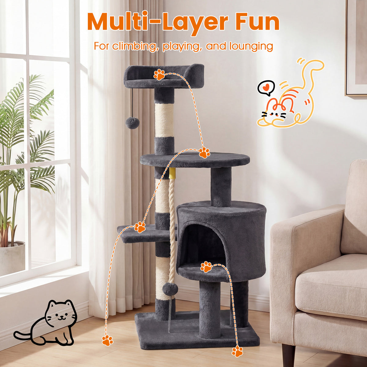 36 Inch Tall Kitten Tower with Condo and Plush Perch-Dark Gray