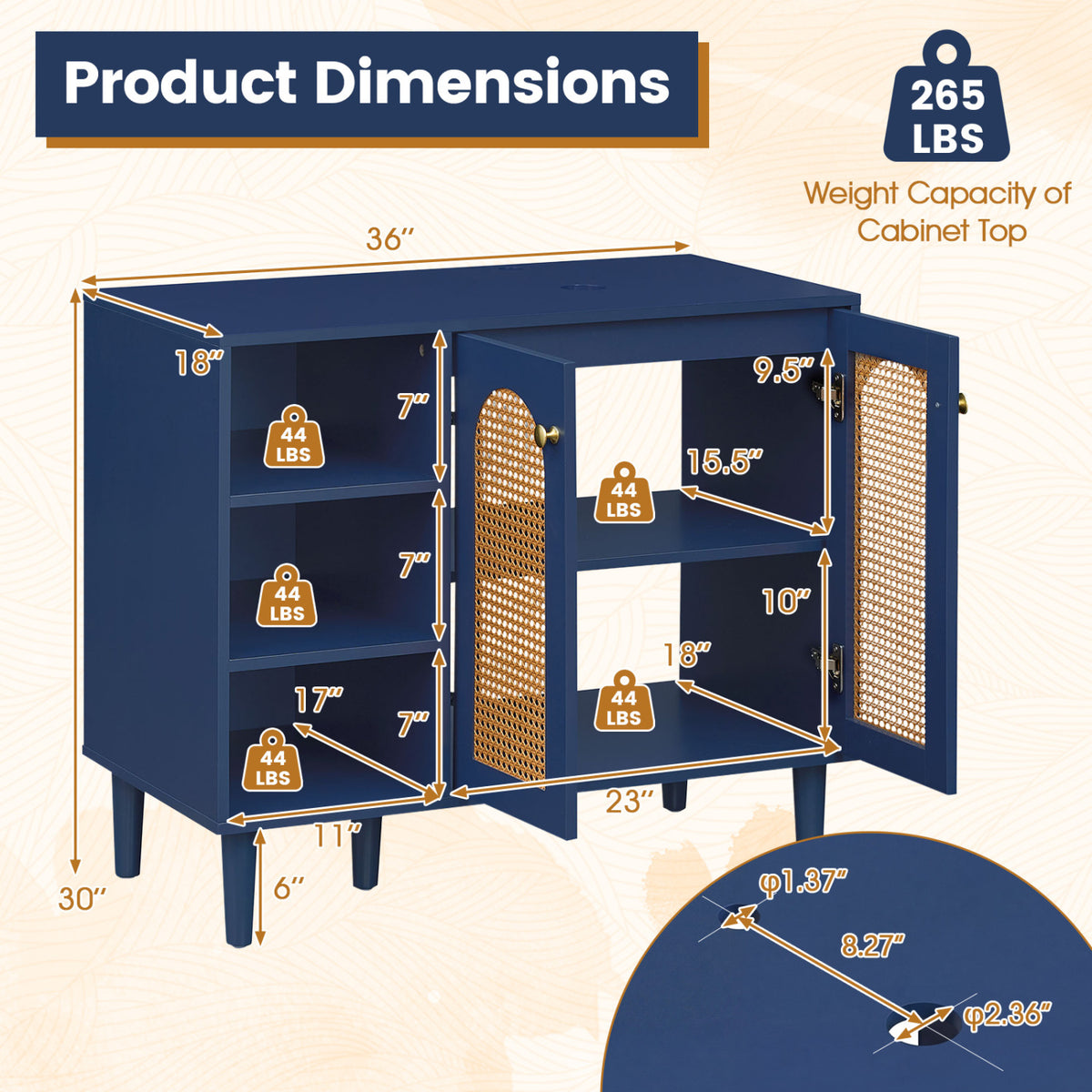 36 Inch Under Sink Cabinet Boho for Vessel Sinks and Single-Handle Faucets-Navy