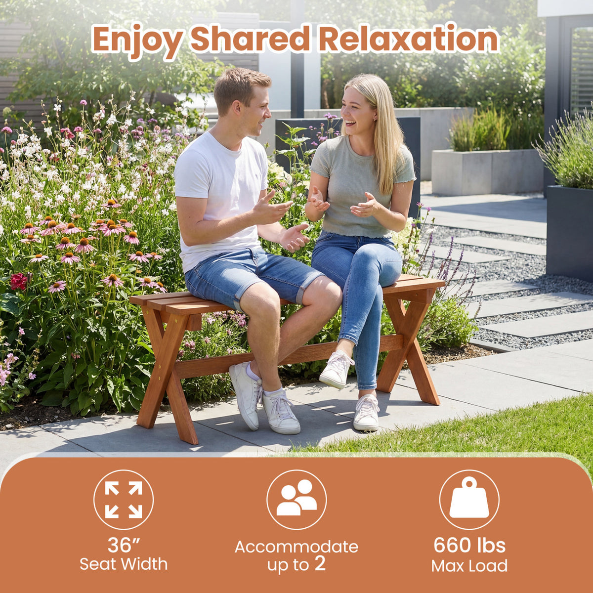 36" Outdoor Solid Wood Bench Set of 2 Backless Patio Dining Bench with Teak Oil Finish
