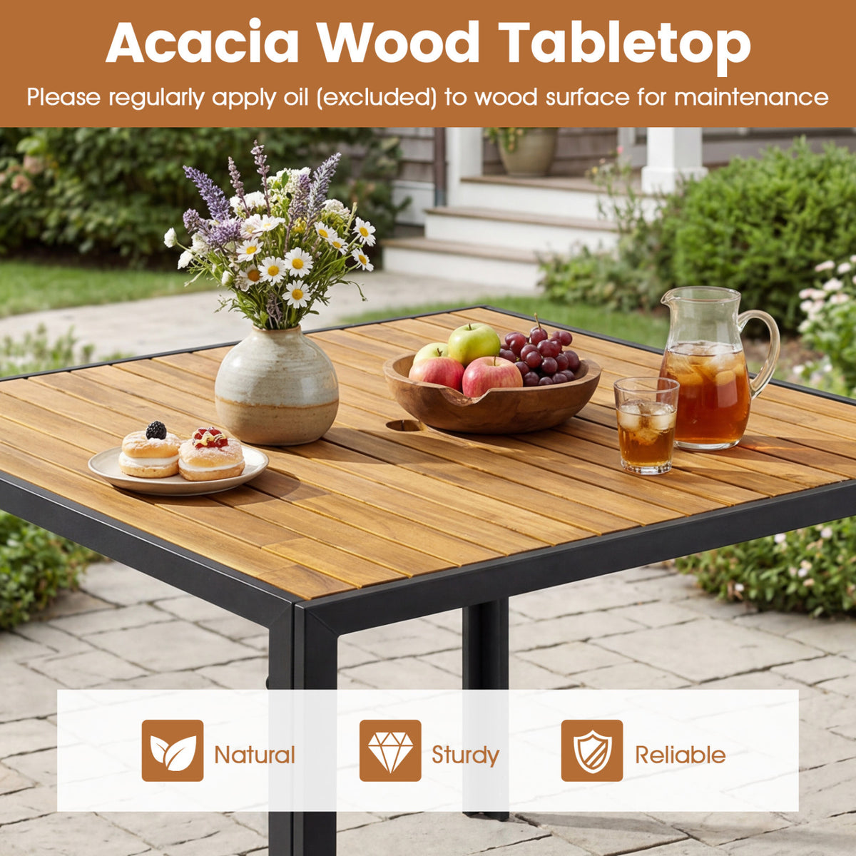 36 Inch Square Outdoor Dining Table for 4 with Slatted Top for Porch