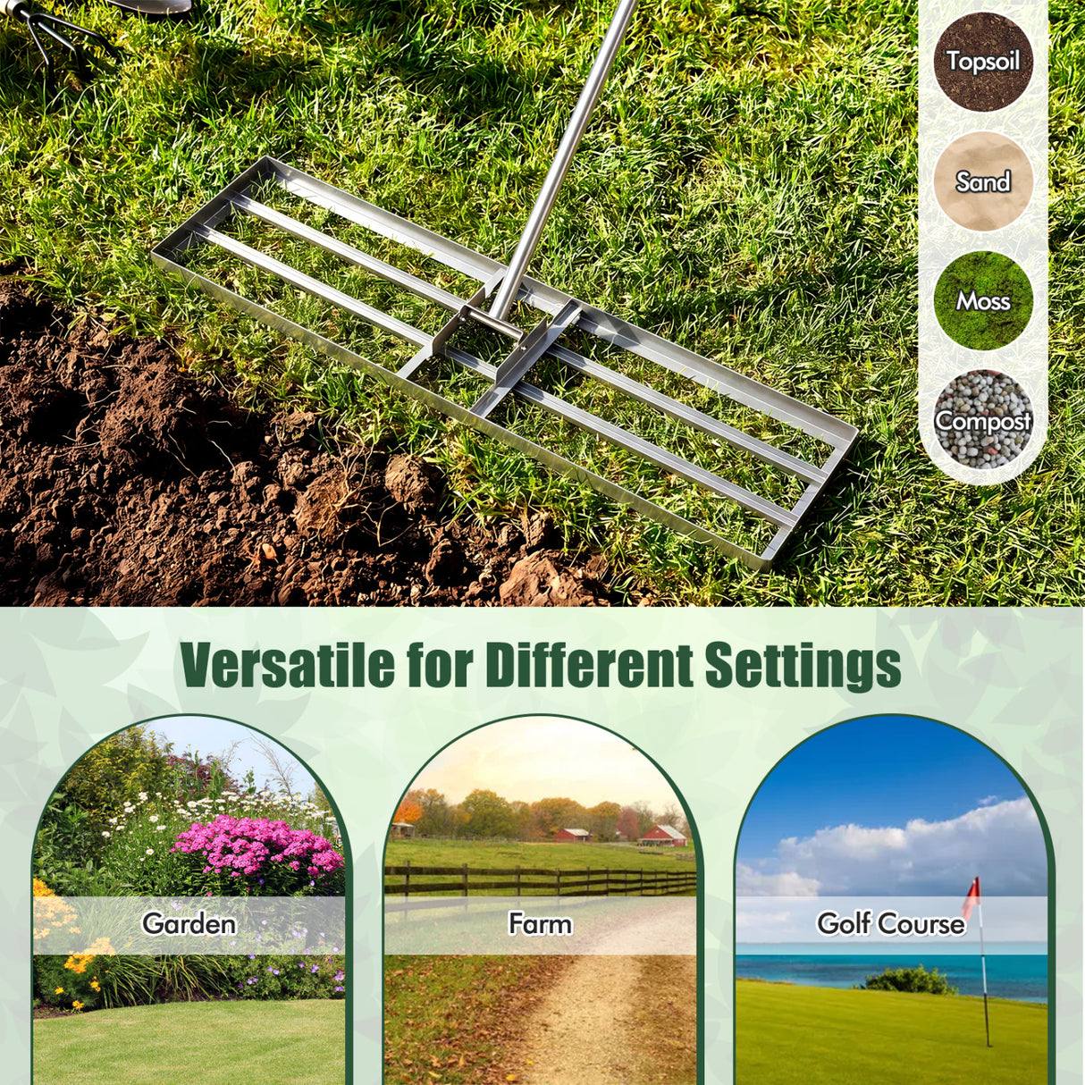 36 x 10 Inch Lawn Leveling Rake with Ergonomic Handle-Silver