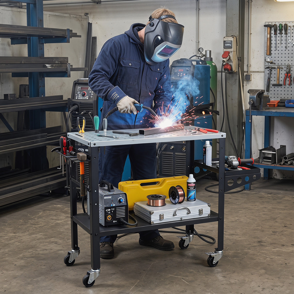 Welding Table 36x18" with Lockable Wheels and 144 Fixture Holes and Tool Slots