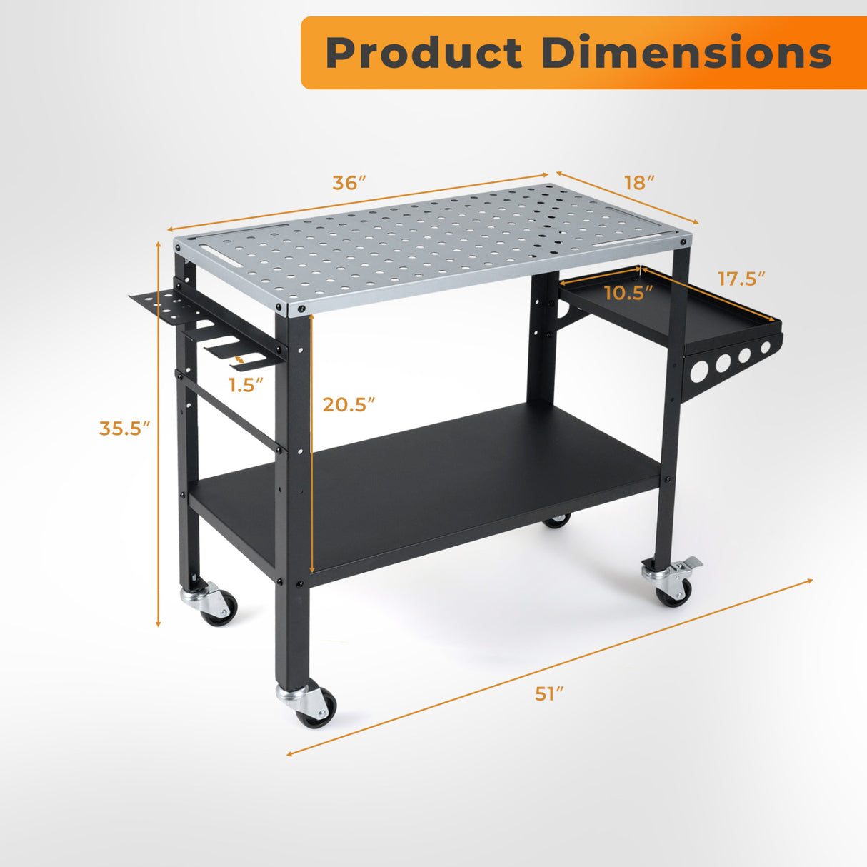 Welding Table 36x18" with Lockable Wheels and 144 Fixture Holes and Tool Slots