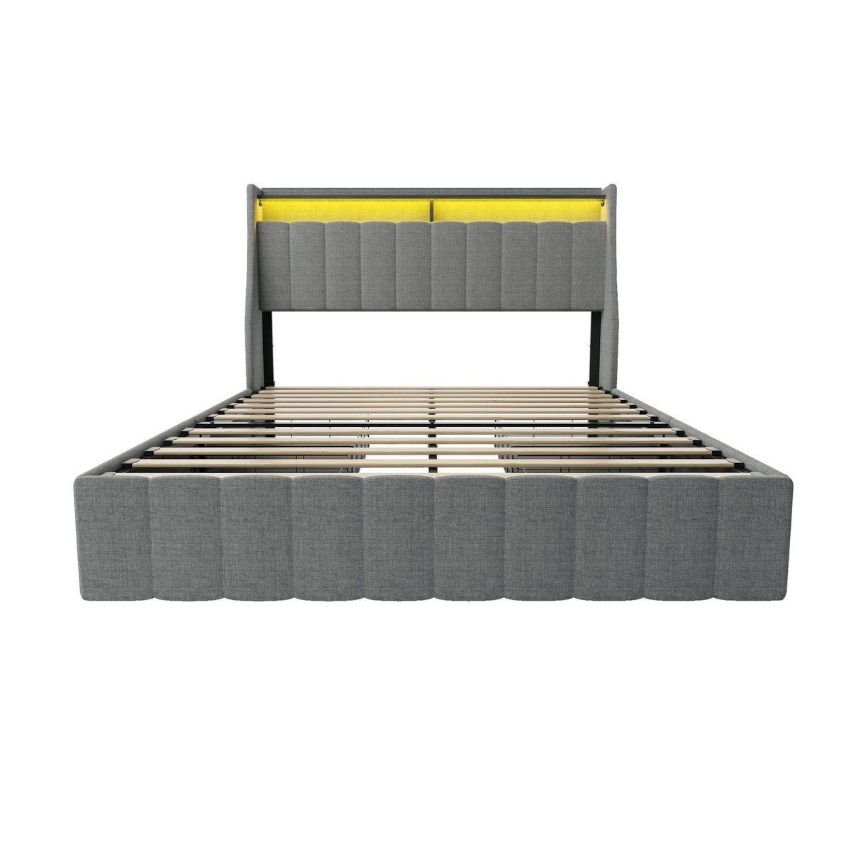 Bed With LED Lights, 4 Drawers, Winged Headboard Upholstered