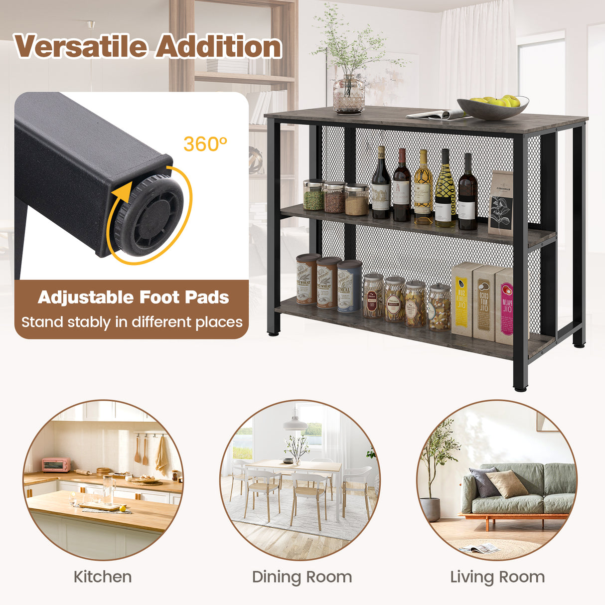 36 Inch 3-Tier Bar Table with Storage Metal Frame Adjustable Foot Pads for Dining Room-Gray