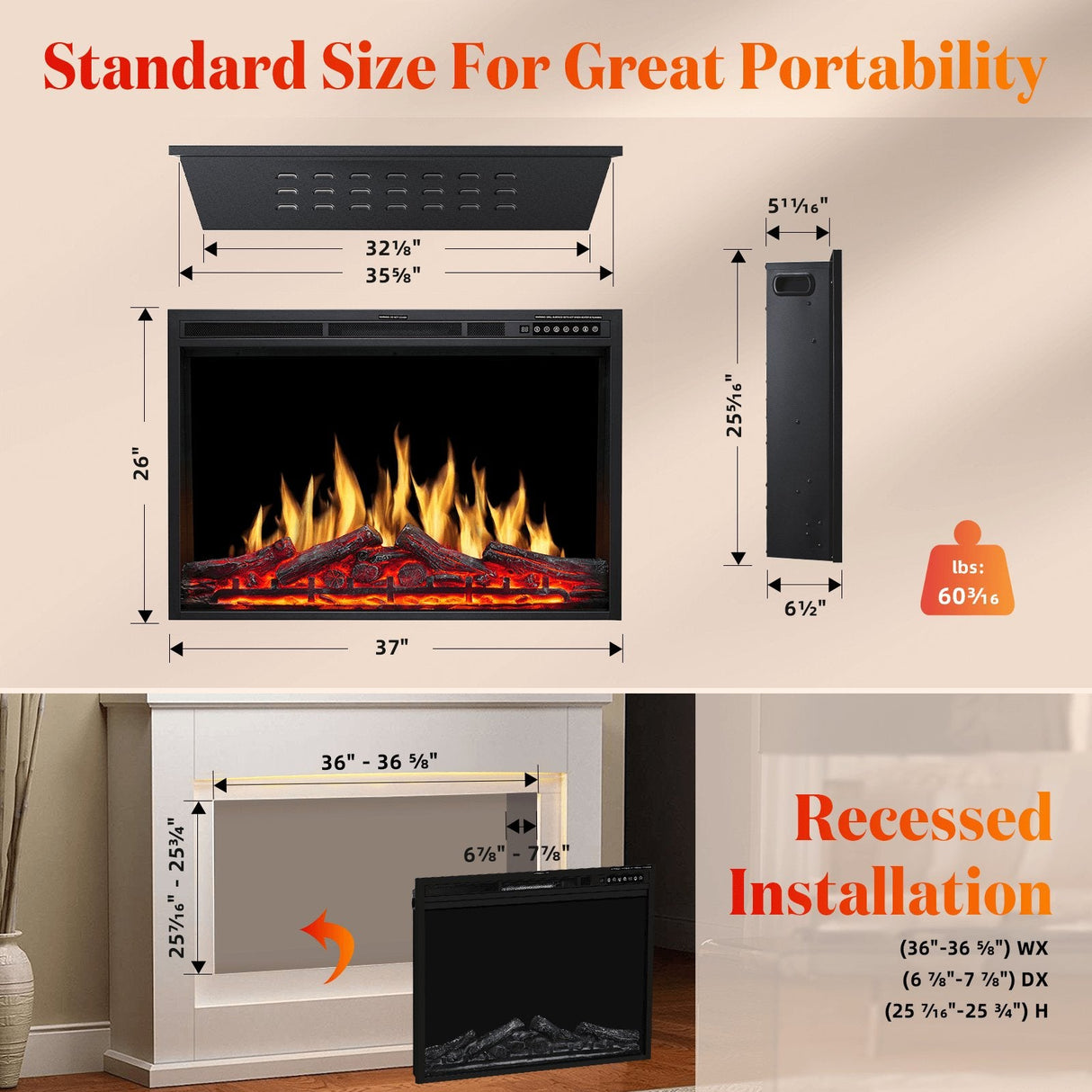 37 Inch Electric Fireplace Insert Adjuatble Flame Colors 939BXB