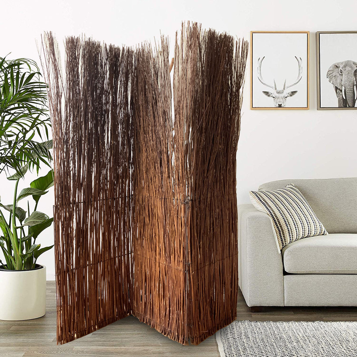 84" Brown Rattan Folding Three Panel Screen Room Divider