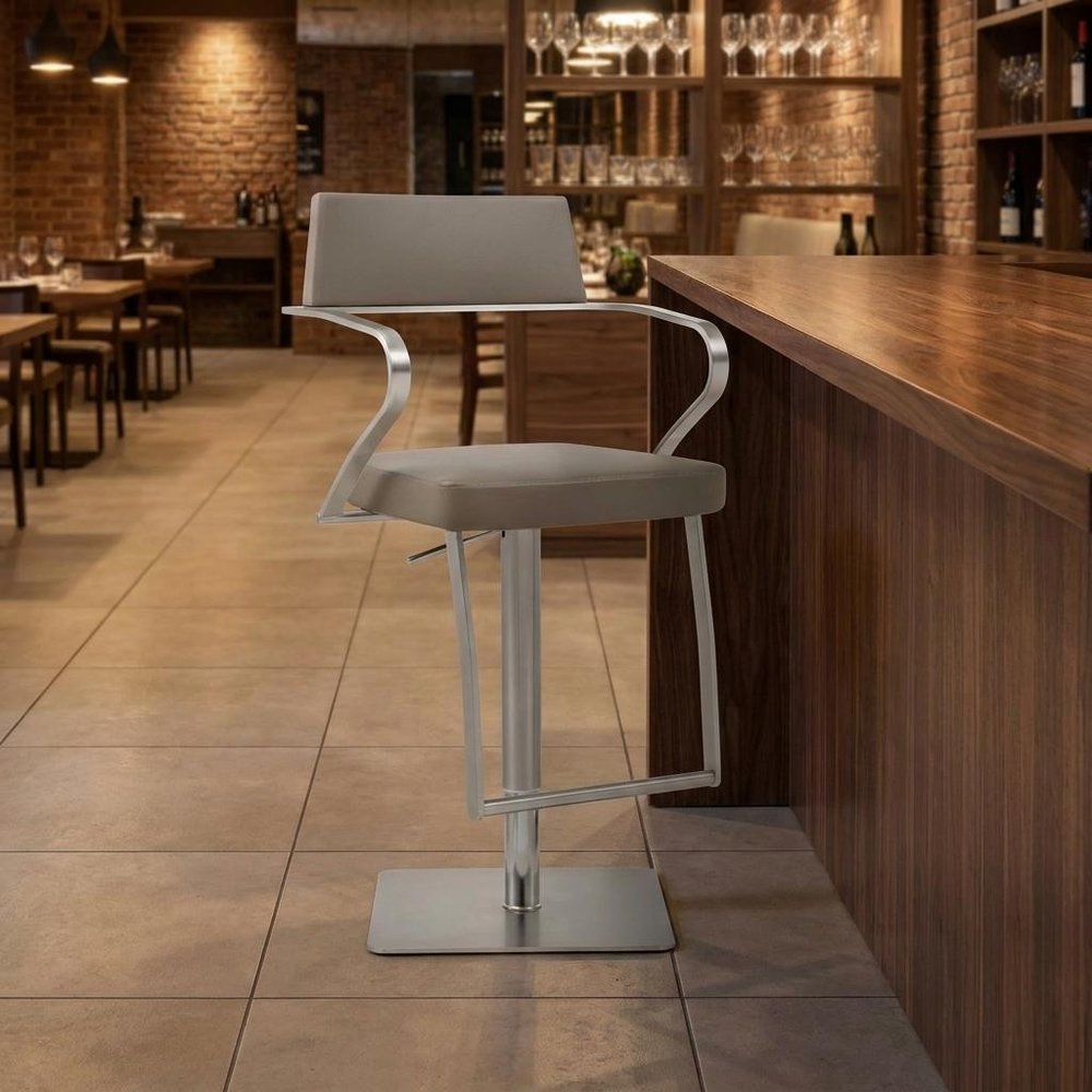 Taupe And Silver Faux Leather And Steel Bar Chair