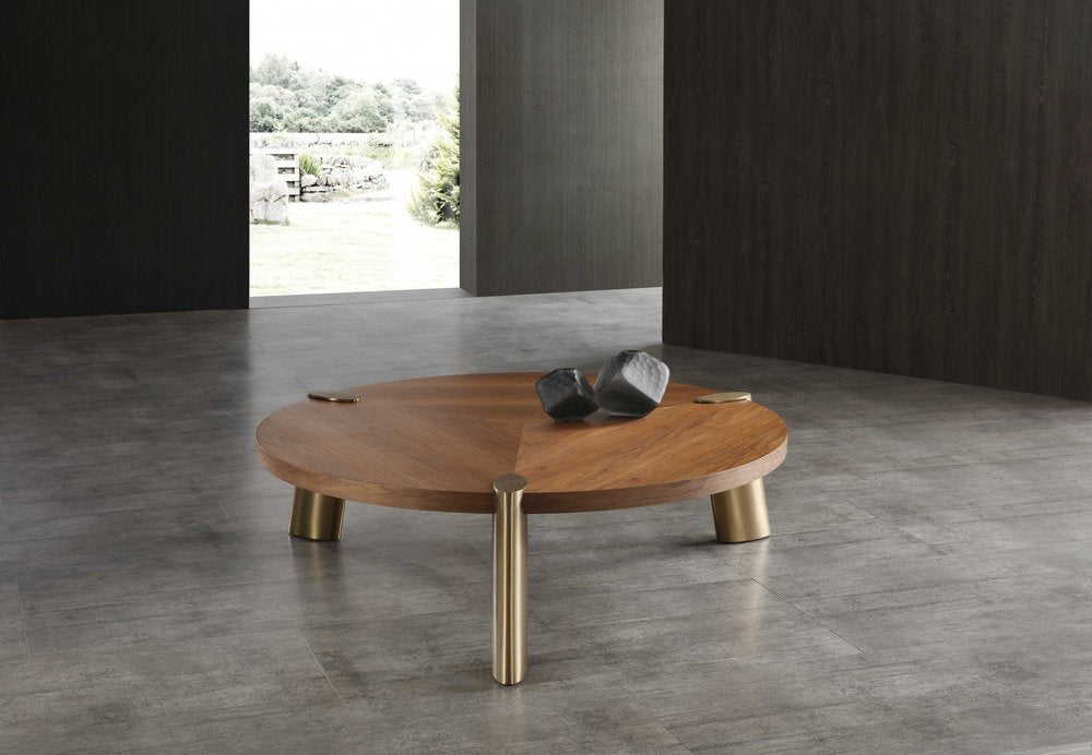55" Brown and Gold Wood And Stainless Steel Round Coffee Table