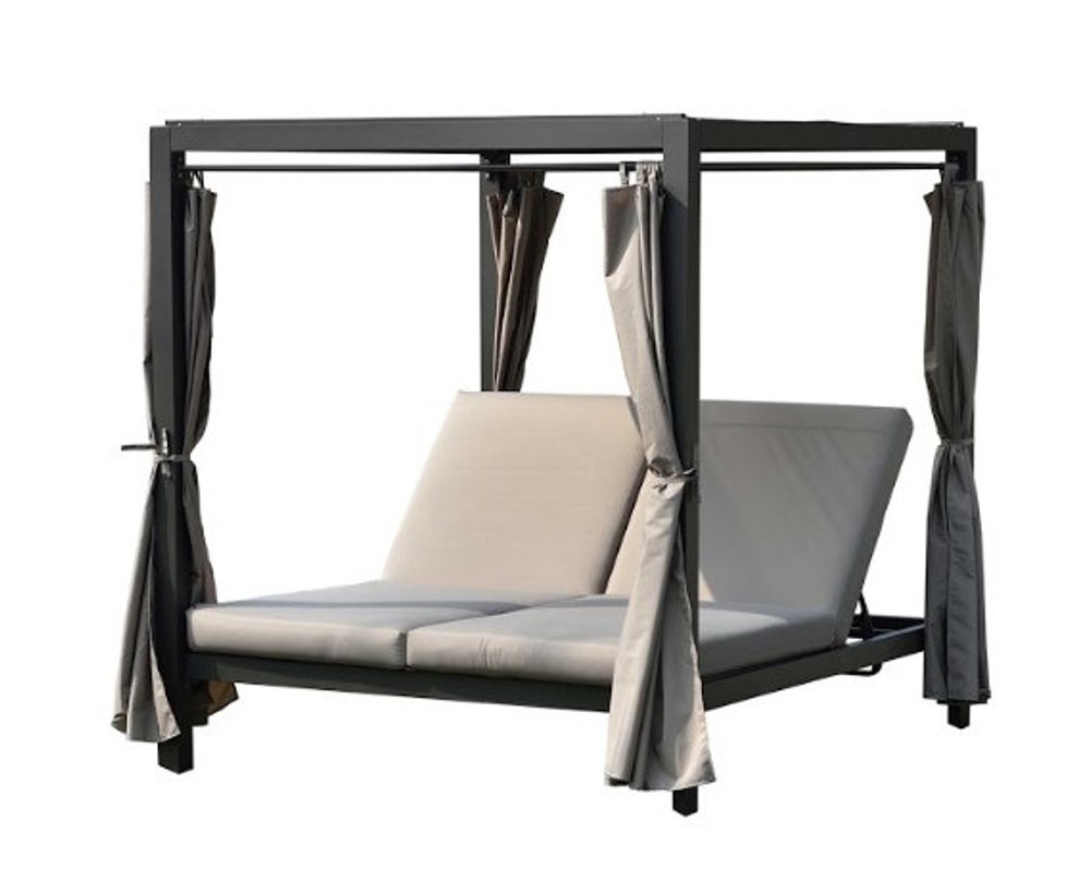 161.85" X 71.37" X 8.58" Gray Outdoor Steel Metal Adjustable Day Bed With Canopy And Taupe Cushions