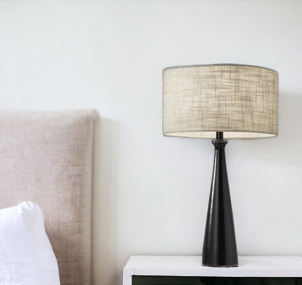 22" Silver Metal Table Lamp With Gray Drum Shade