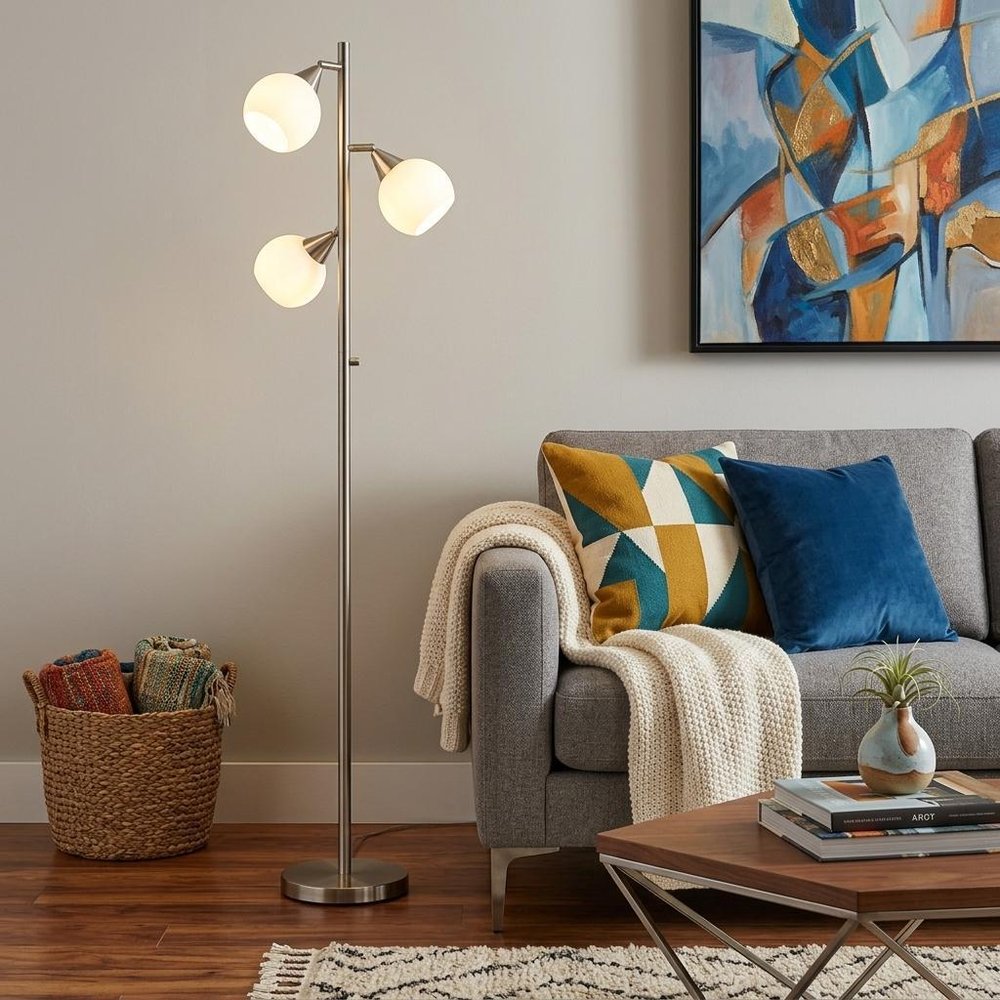71" Silver Metal Floor Lamp With White Dome Shade