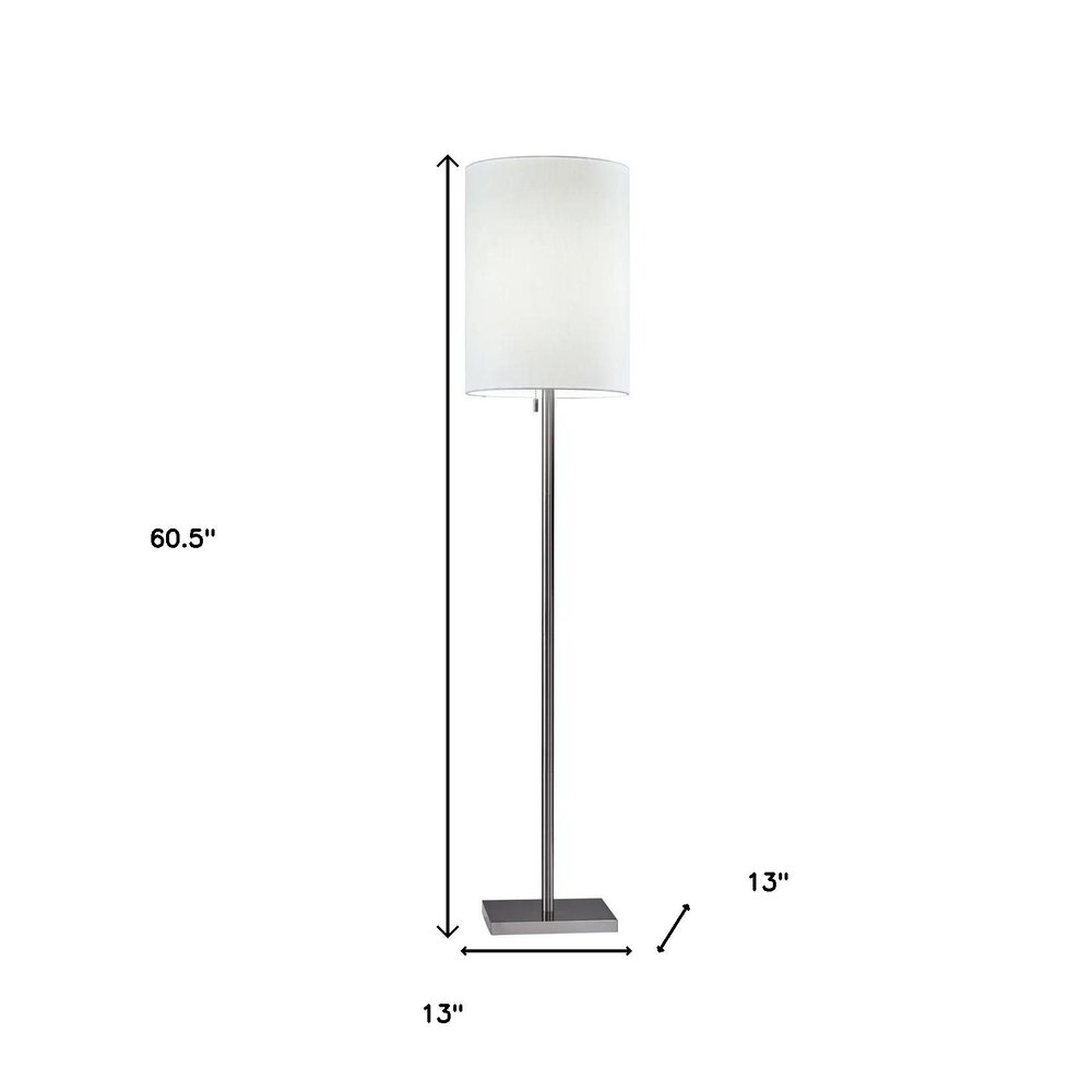 61" Brass Metal Floor Lamp With White Fabric Cylinder Shade