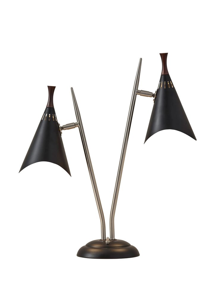 22" Black and Silver Metal Two Light Desk Lamp With Black Cone Shades