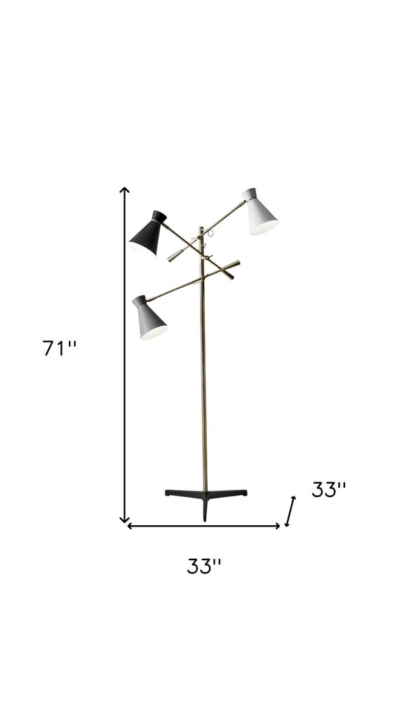71" Brass Metal Novelty Floor Lamp With Black And White Iron Cone Shade