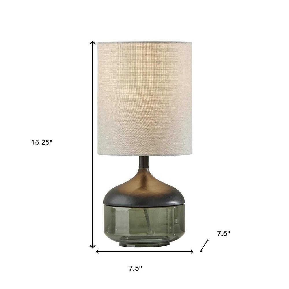 16" Black And Dark Green Wood And Smoked Glass Table Lamp With Beige Drum Shade