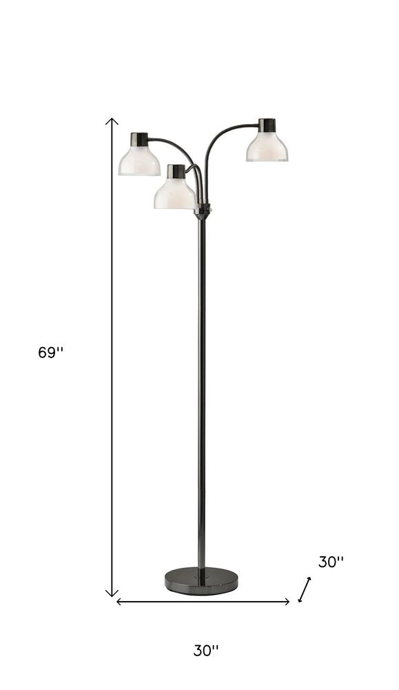 69" Silver Three Light Tree Floor Lamp With White Plastic Bowl Shade