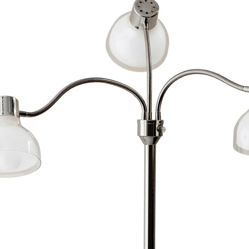 69" Silver Three Light Tree Floor Lamp With White Plastic Bowl Shade