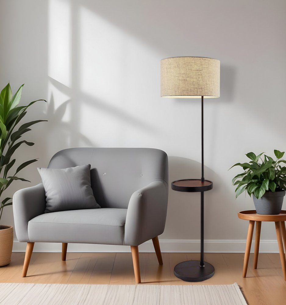 64" Beige And Black Tray Table Floor Lamp With Beige Fabric Drum Shade