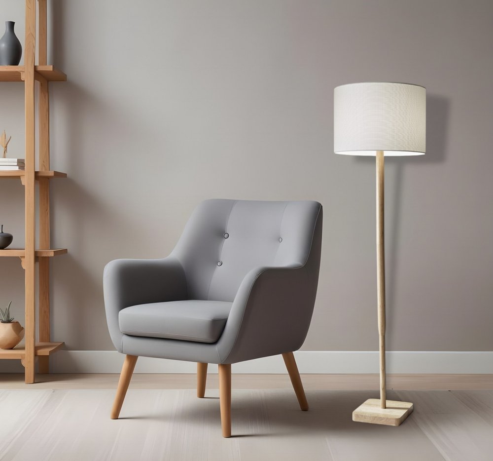 59" Natural Solid Wood Floor Lamp With White Linen Drum Shade
