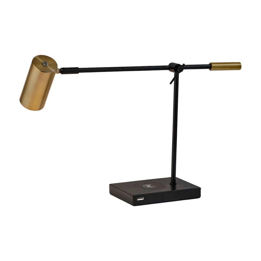 22" Black Metal Swing Arm LED Desk Lamp With USB And Antiqued Gold Cylinder Shade