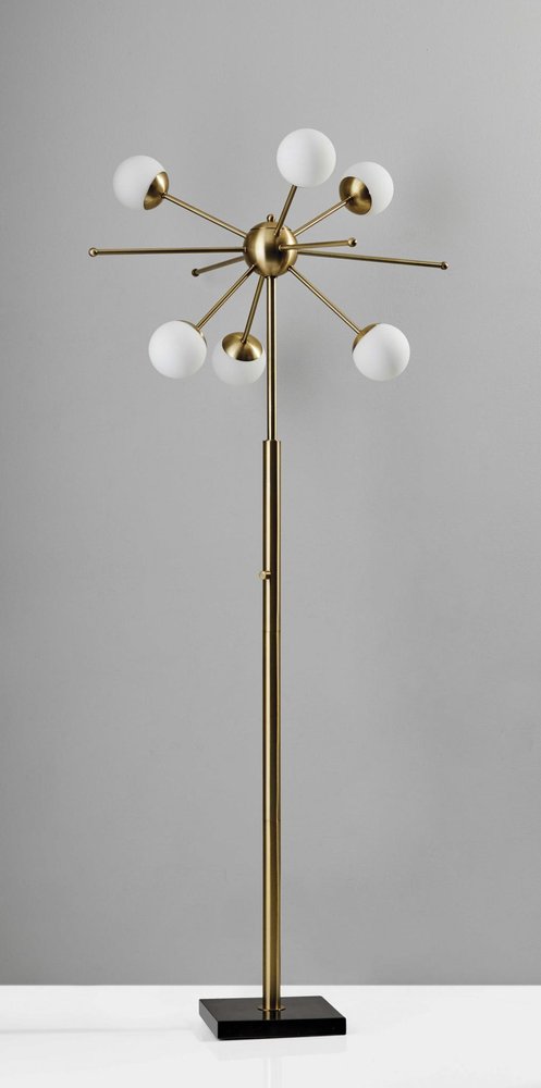 64" Brass Six Light LED Novelty Floor Lamp With White Glass Globe Shades